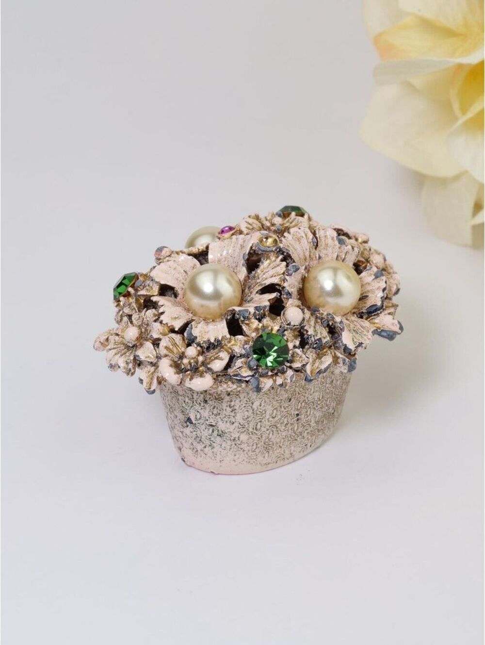 Vintage Florenza Jeweled Trinket Box, Floral Design, Faux Pearls and Rhinestones